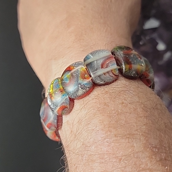 20x14.7mm Handmade Glass Abstract Milliefiori Lampwork Foil Beaded Bracelet - Picture 9 of 9